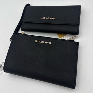 Michael Kors Large Double Zip Wallet Wristlet & Trifold Wallet Black